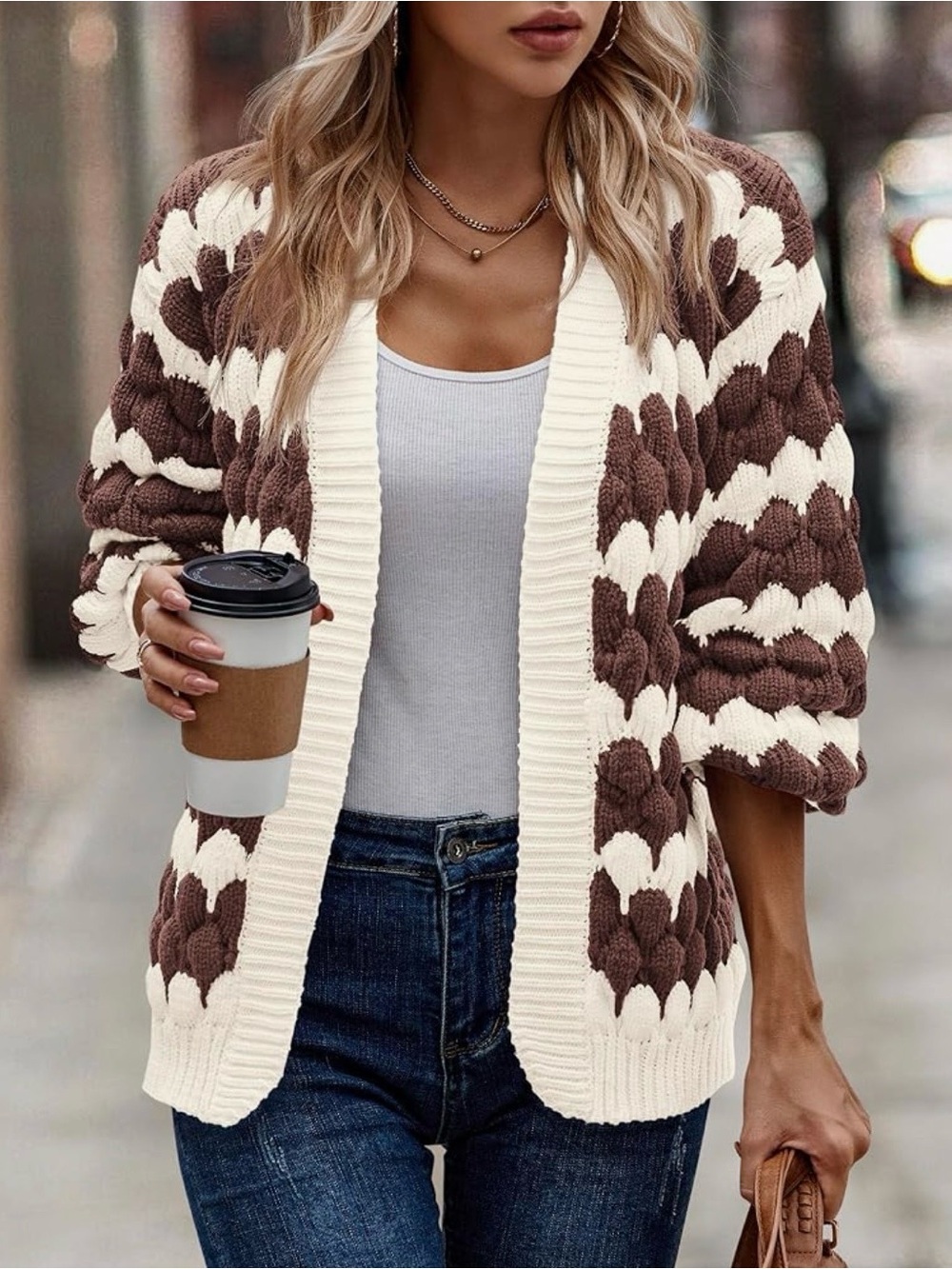 Brown and Cream chunky Knit Cardigan Sweater Bubble Sleeves